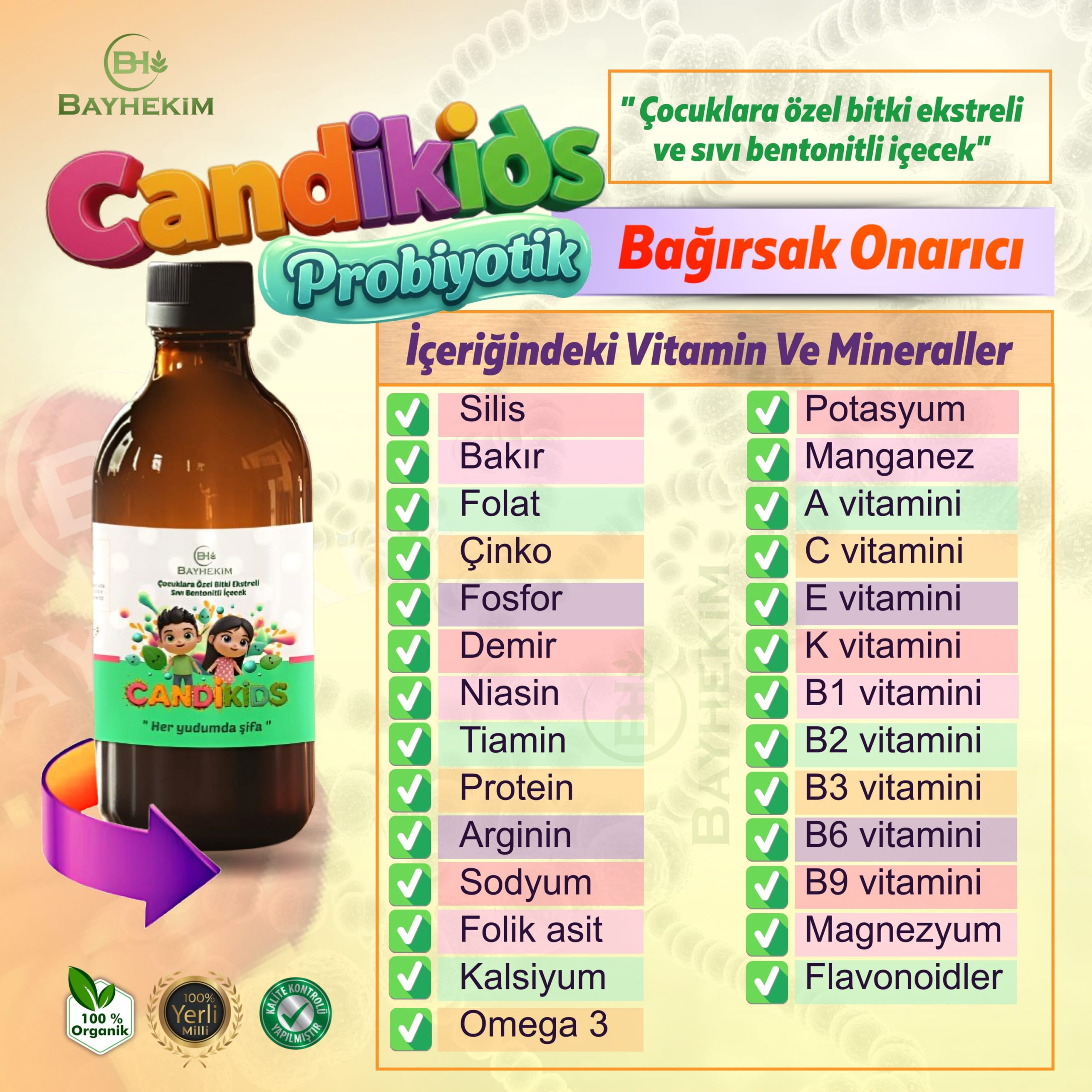 Candikids Çocuklara Özel Bitki Ekstreli Ve Sıvı Bentonitli İçecek 250 Ml.